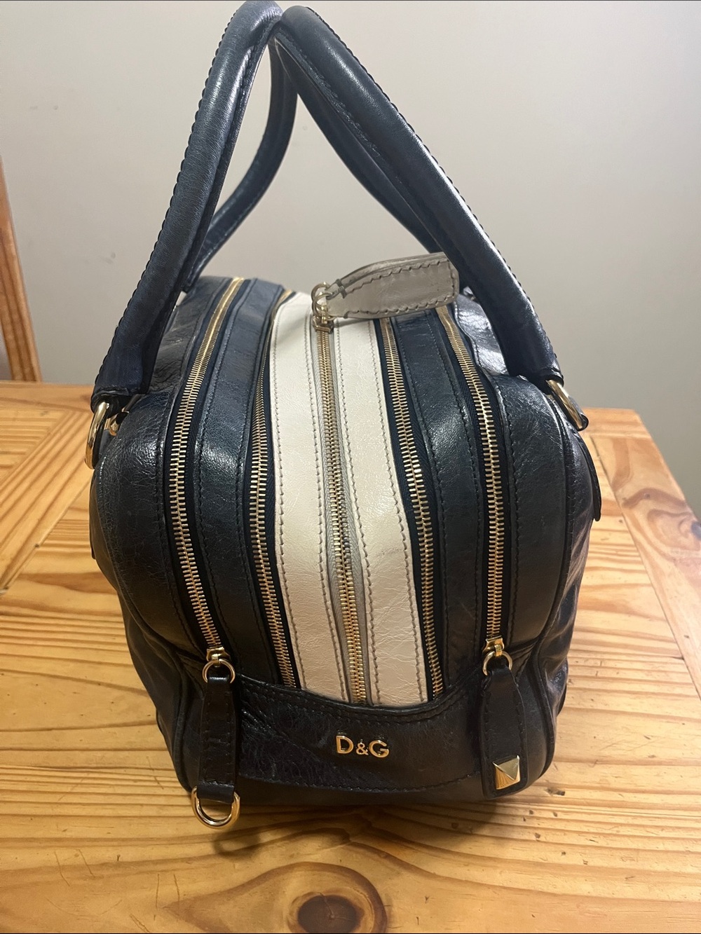 D&G Blue & White Leather Lily Bag Satchel with Gold Hardware